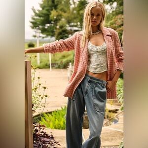Free People Olivia Gingham Blazer In Pink Size Small Tie Back Relaxed Fit